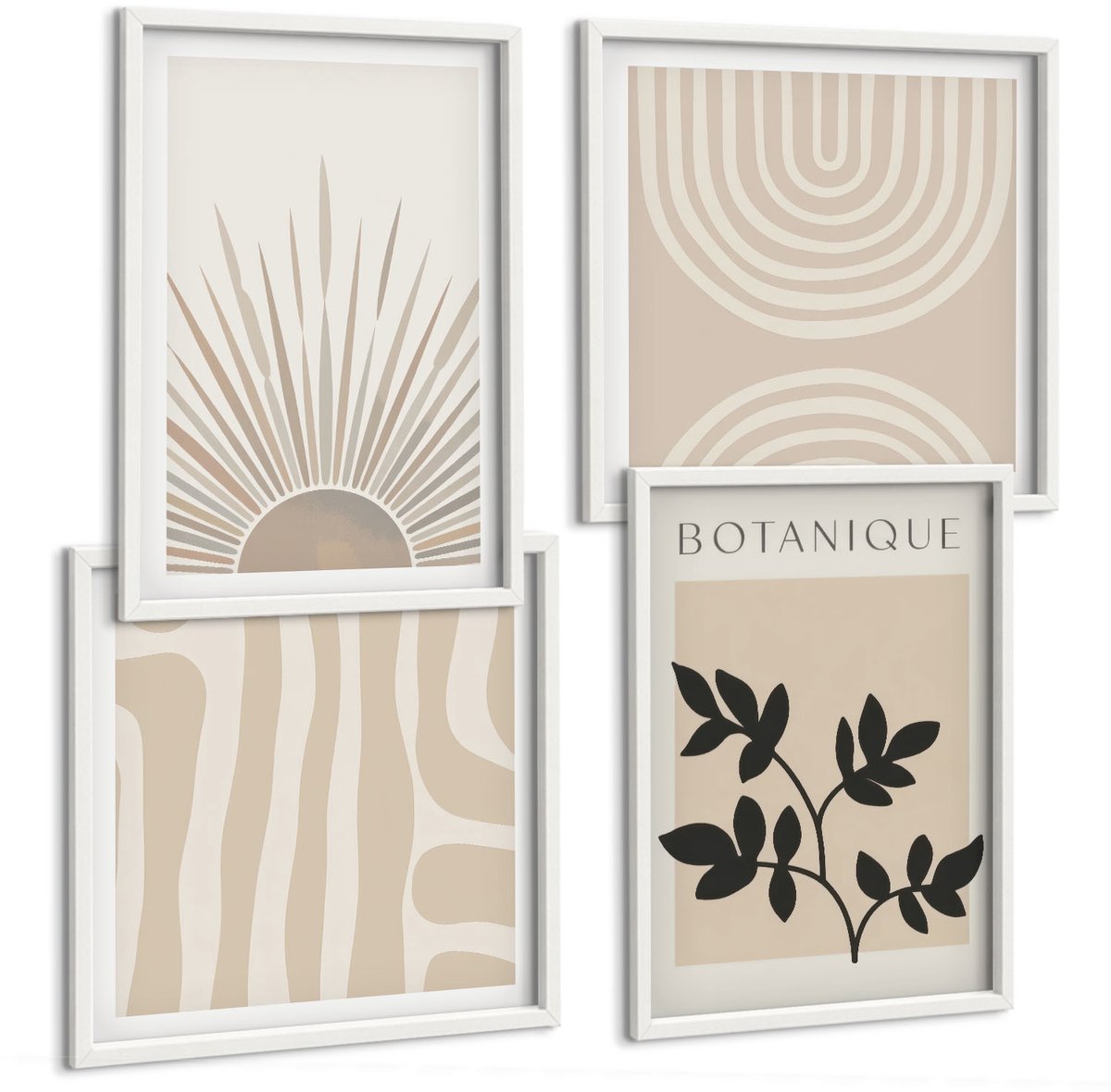 Tulup 4-Delige Schilderij Set - Abstracte patronen met plantenaccenten in neutrale tinten. - 40x40 en 40x60 - Wanddecoratie - Moderne Interieurdecoratie - Interieur Decoratie