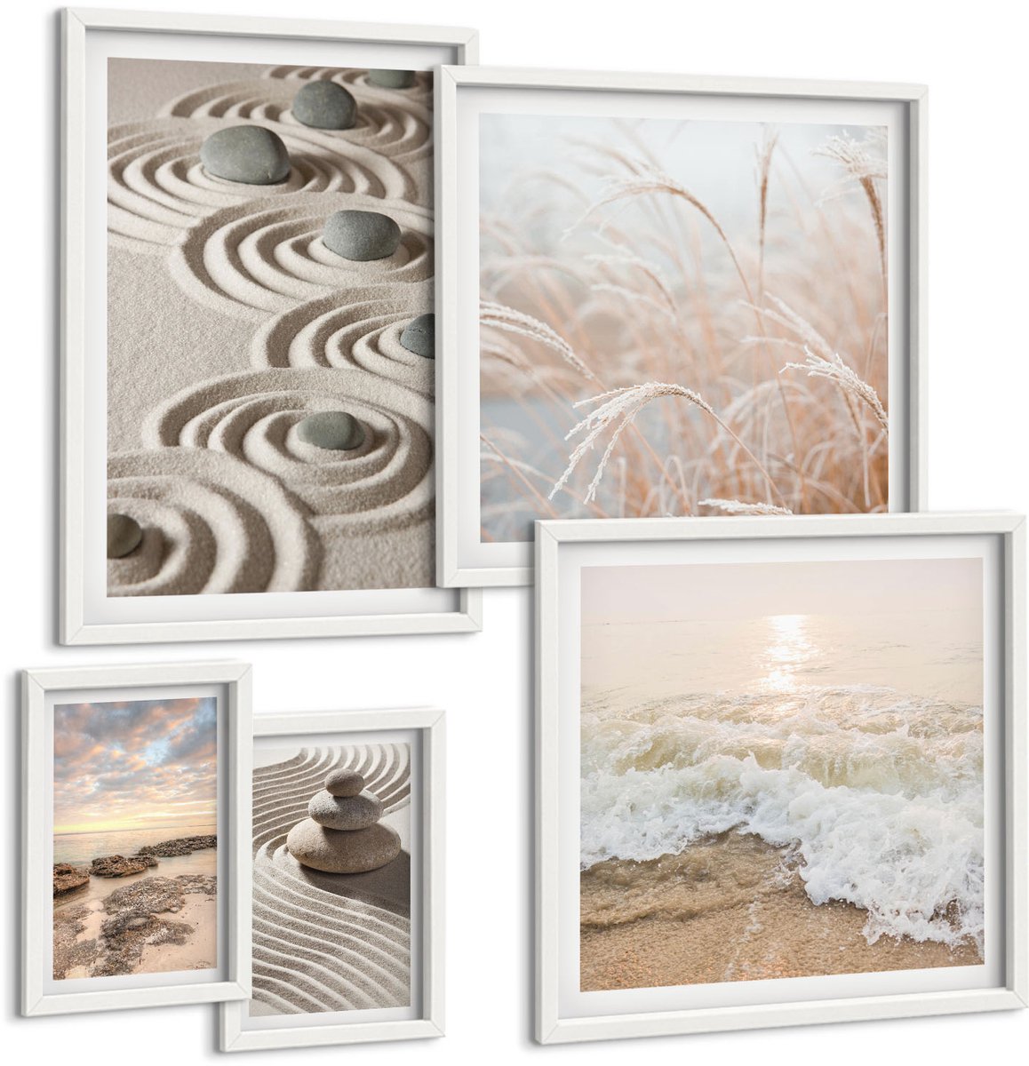 Tulup 4-Delige Schilderij Set - Rustgevende natuurlandschappen met stenen en zeegolven - 50 x 50 cm, 20 x 30 cm en 40 x 60 cm - Schilderijen Set - Wanddecoratie - Woonkamer - Woonkamer Decoratie