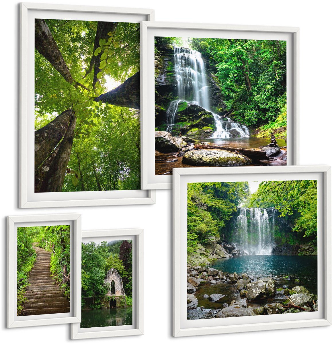 Tulup 4-Delige Schilderij Set - Groene landschappen met watervallen en bospaden - 50 x 50 cm, 20 x 30 cm en 40 x 60 cm - Wanddecoratie - Woonkamer Decoratie - Stijlvolle Muurdecoratie