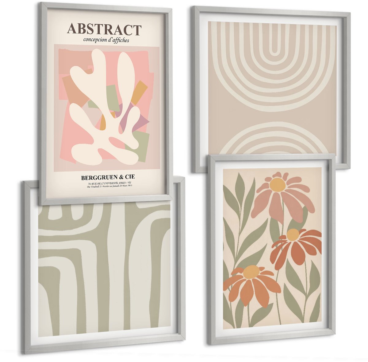 TULUP 4-Delige Schilderij Set - Abstracte vormen met plantmotieven in pastelkleuren. - 40 x 40 cm en 40 x 60 cm - Decoratieve Schilderijen - Woonkamer - Interieur - Moderne Wanddecoratie Zilveren lijst