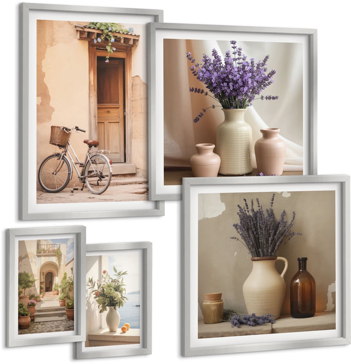 TULUP 4-Delige Schilderij Set - Stijlvol interieur met bloemmotieven en een fiets - 50 x 50 cm, 20 x 30 cm en 40 x 60 cm - Wanddecoratie - Schilderijen Set - Kantoor - Woonkamer Decoratie Zilveren lijst