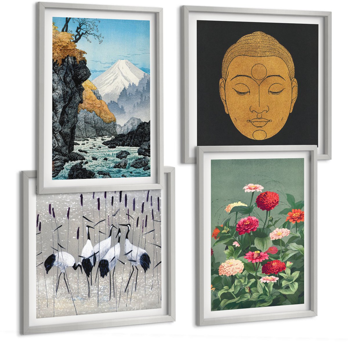 TULUP 4-Delige Schilderij Set - Japanse natuur en cultuur in Japandi-stijl - 40 x 40 cm en 40 x 60 cm - Muurdecoratie - Wanddecoratie - Slaapkamer - Moderne Wanddecoratie Zilveren lijst