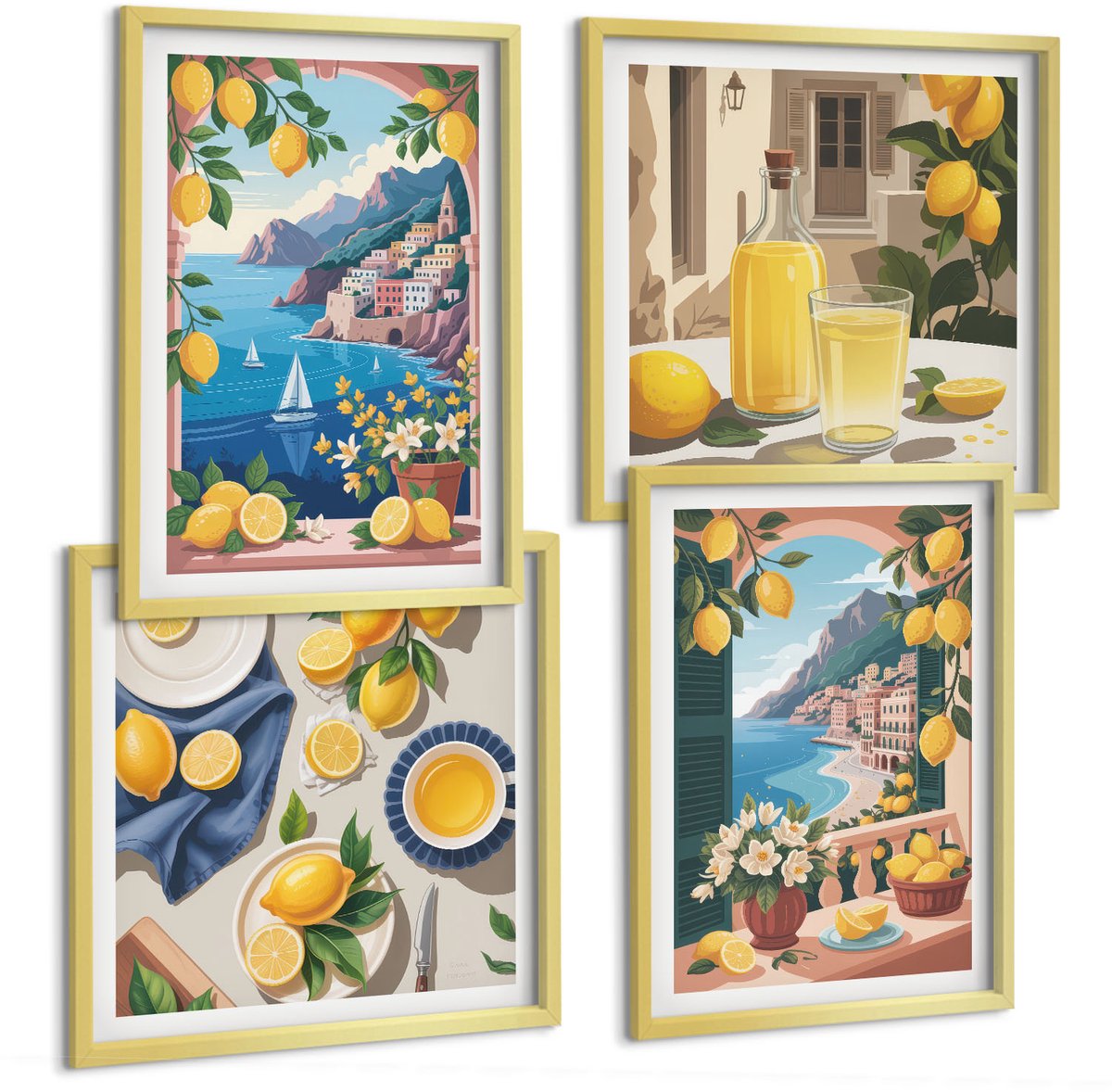 TULUP 4-Delige Schilderij Set - Zeezichtraam met Italiaanse citroenen - 40 x 40 cm en 40 x 60 cm - Muurdecoratie - Interieur Decoratie - Moderne Wanddecoratie Gouden lijst