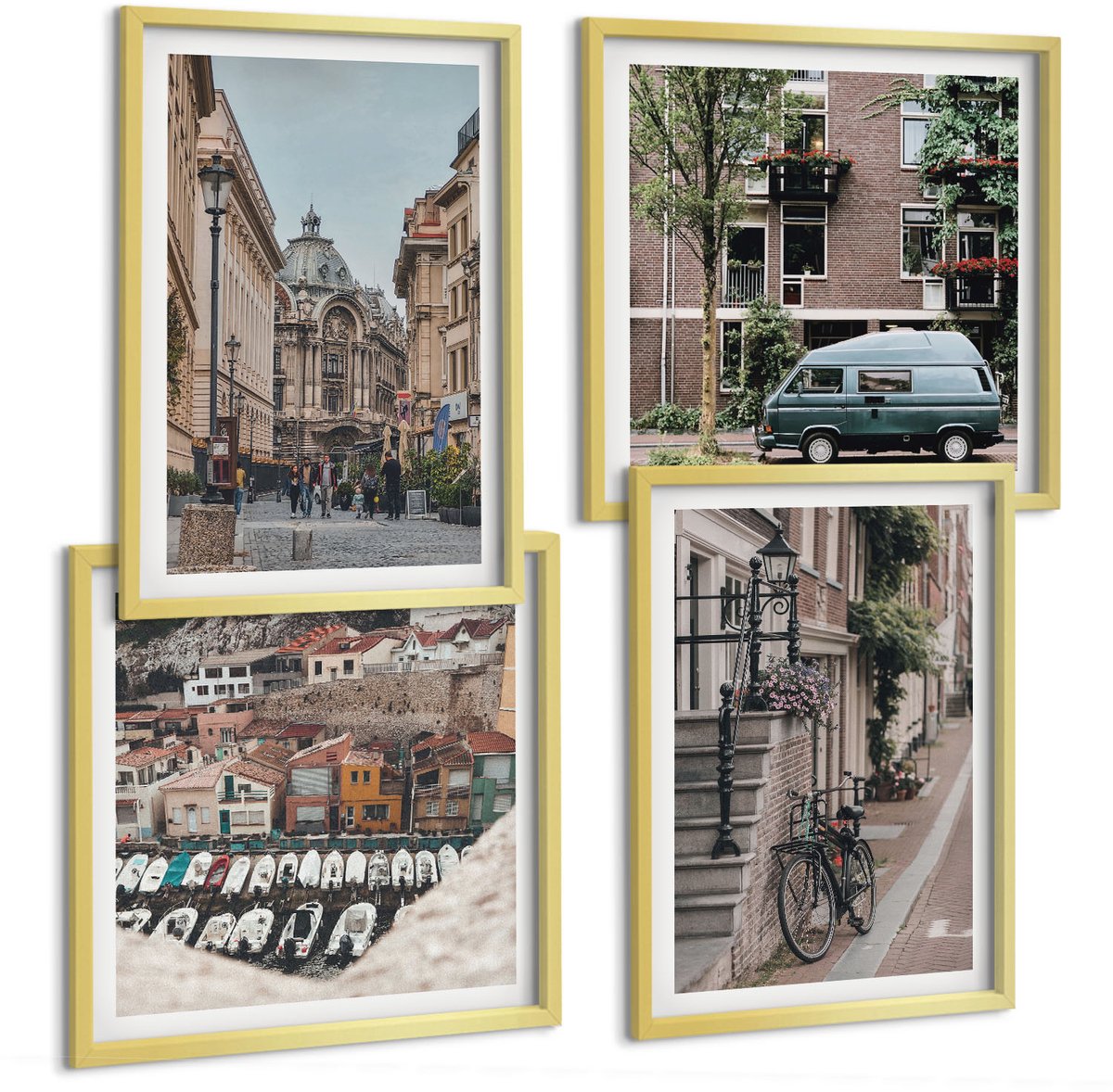 TULUP 4-Delige Schilderij Set - Rustige stedelijke uitzichten op gebouwen - 40 x 40 cm en 40 x 60 cm - Muurdecoratie - Schilderijen Set - Woonkamer Gouden lijst