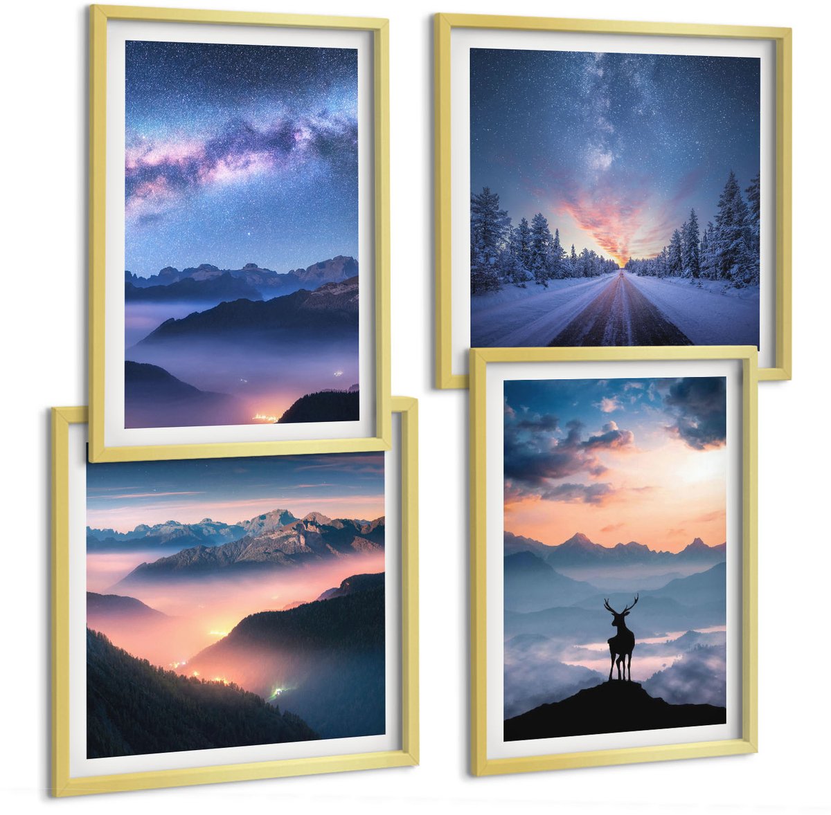 TULUP 4-Delige Schilderij Set - Nachtelijke hemel, berglandschappen in de mist en herten - 40 x 40 cm en 40 x 60 cm - Muurdecoratie - Decoratieve Schilderijen - Wohnzimmer - Woonkamer Decoratie Gouden lijst