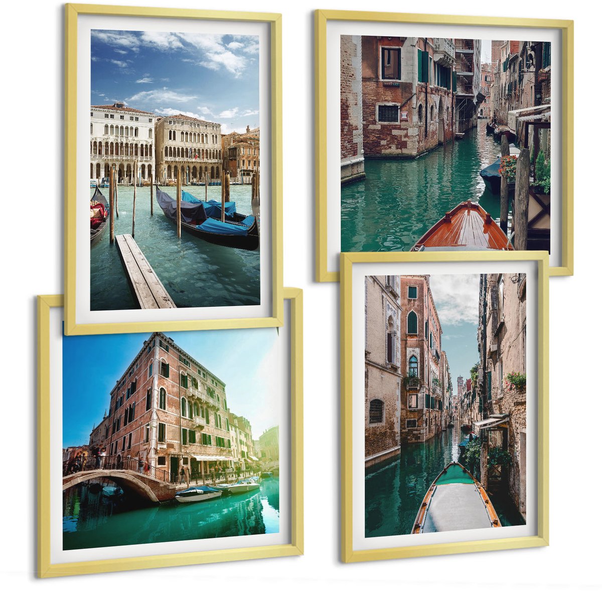 TULUP 4-Delige Schilderij Set - Uitzichten op Venetië met kanalen en stedelijke architectuur. - 40 x 40 cm en 40 x 60 cm - Stijlvolle Muurdecoratie - Slaapkamer - Wanddecoratie Gouden lijst