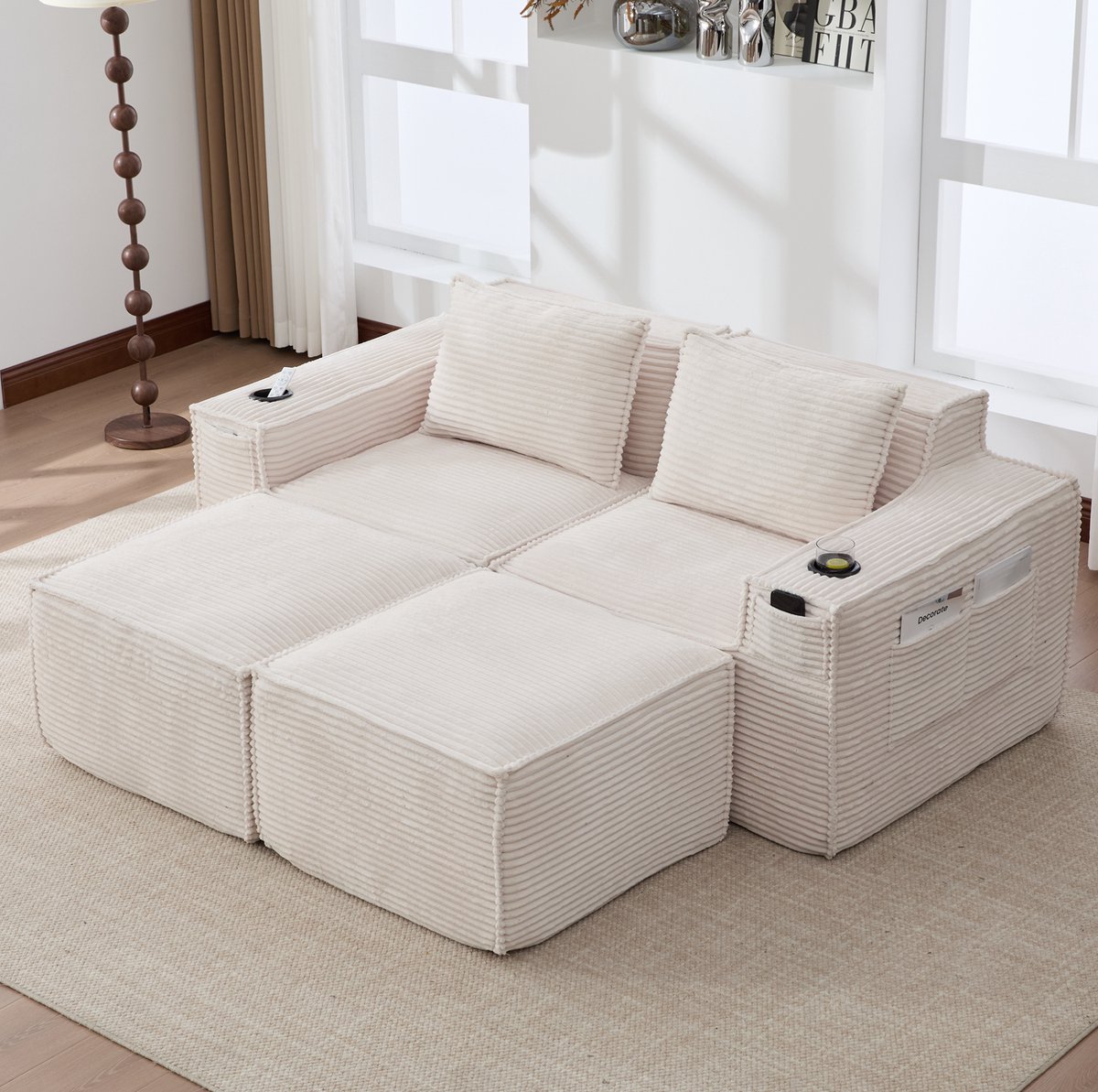 MODENUIT Bank Set 188 x 162 x 75 cm - 2-Zits Met 2 Hockers, Bekerhouders En Zijvakken - Corduroy Beige