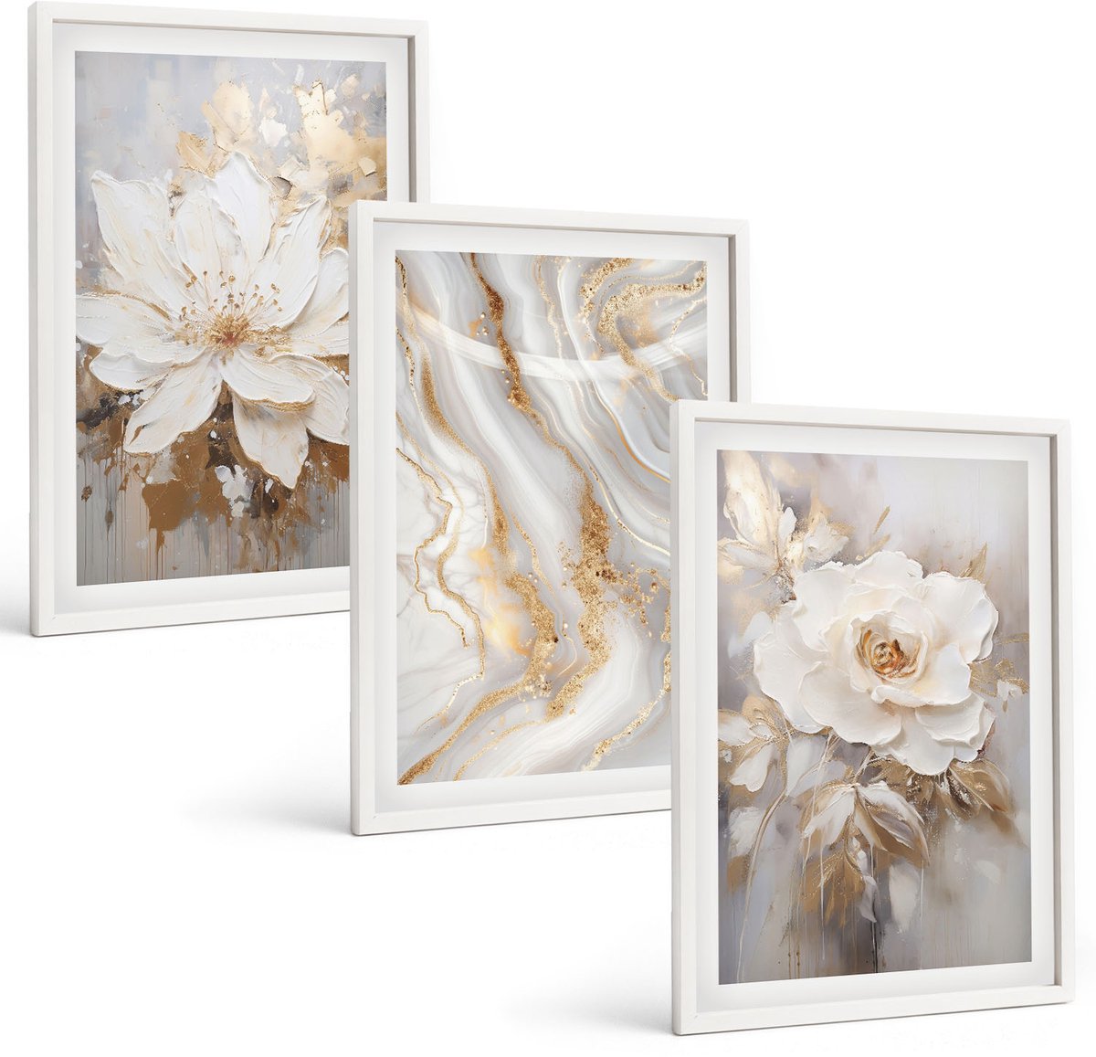 Tulup 3-Delige Schilderij Set - Bloemen en abstract marmerpatroon - 40x60 - Stijlvolle Wanddecoratie - Interieur - Muurdecoratie