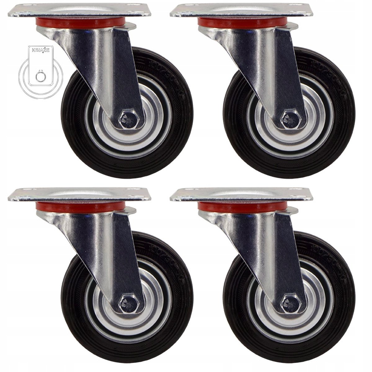 Set van 4 Zwenkwielen met Plaat - 100mm Diameter