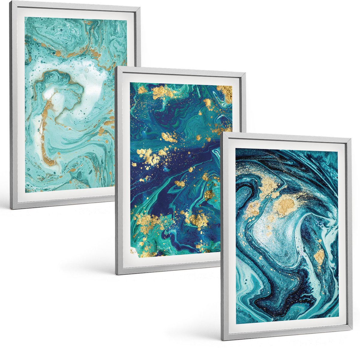 TULUP 4-Delige Schilderij Set - Turquoise abstractie van gemorste verf - 40 x 60 cm - Schilderijen Set - Wanddecoratie - Woonkamer - Stijlvolle Muurdecoratie Zilveren lijst