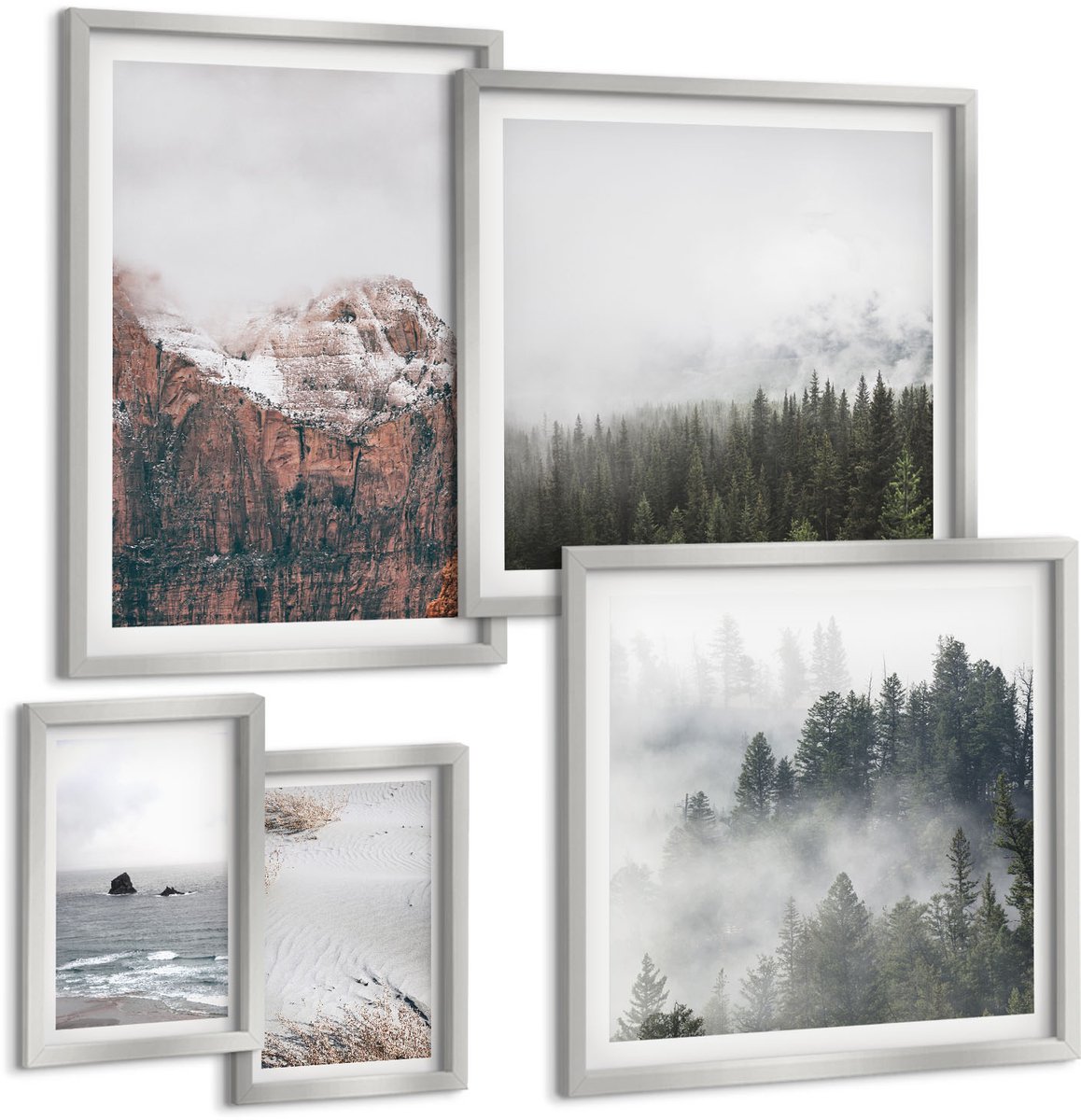 TULUP 4-Delige Schilderij Set - Natuurlijke landschappen, bergen, bossen en kusten, in de wolken. - 50 x 50 cm, 20 x 30 cm en 40 x 60 cm - Wanddecoratie - Muurdecoratie - Woonkamer - Moderne Wanddecoratie Zilveren lijst