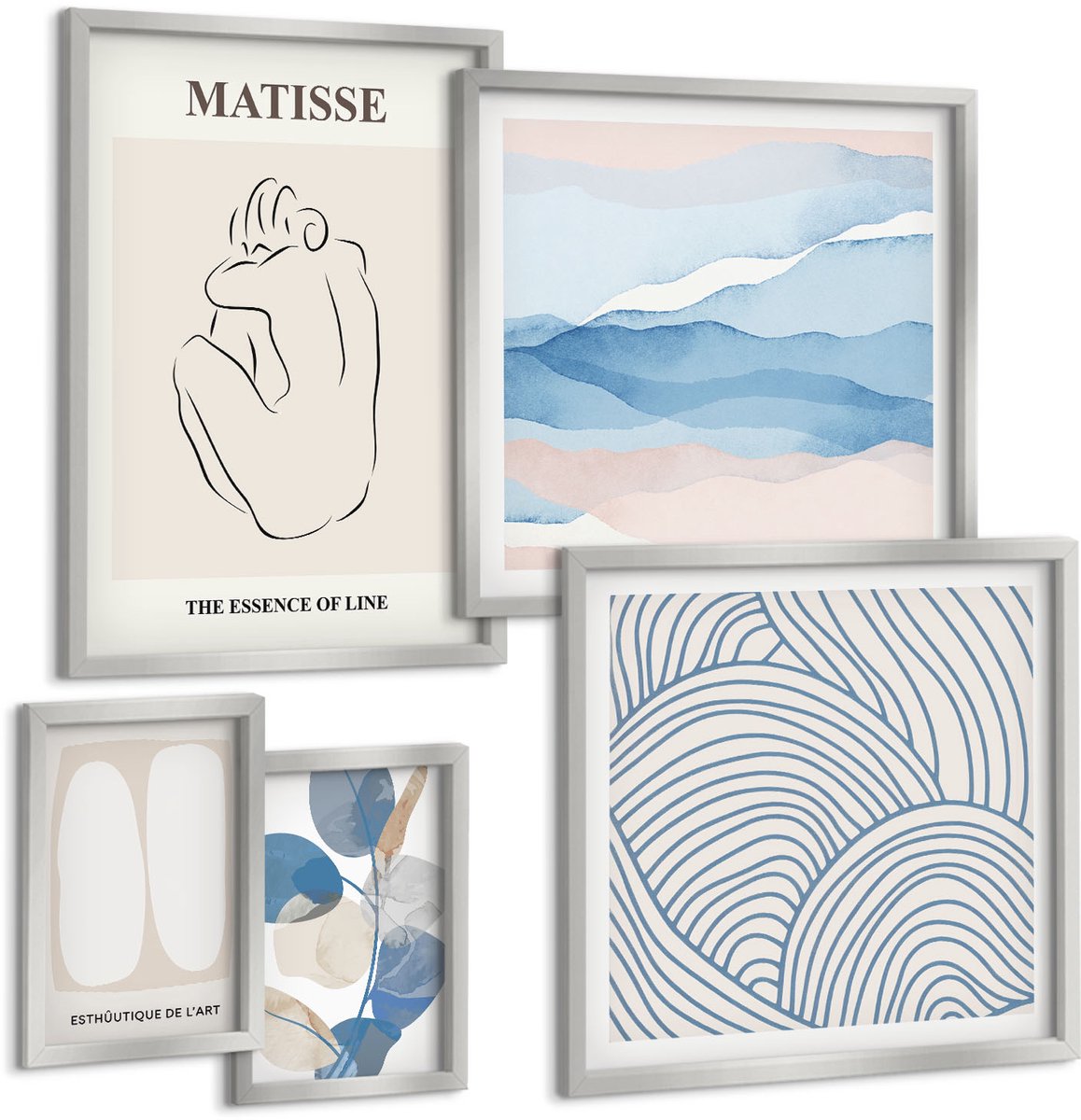 TULUP 4-Delige Schilderij Set - Stijlvolle afbeeldingen met abstracte motieven en natuur. - 50 x 50 cm, 20 x 30 cm en 40 x 60 cm - Wanddecoratie - Schilderijen Set - Kantoor - Moderne Wanddecoratie Zilveren lijst
