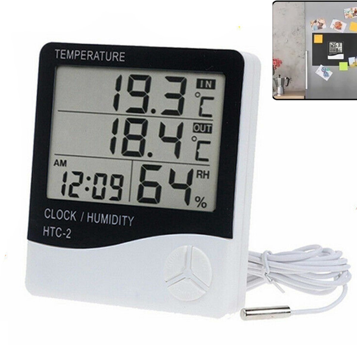 HTC-2 Slimme Digitale Thermometer en Hygrometer - Elektronische Binnenthermometer met Wekker - Thermometer met Groot Scherm - Met LCD-display - Meet Temperatuur en Vochtigheid - Zeer Nauwkeurig - Werkt Zonder Batterij