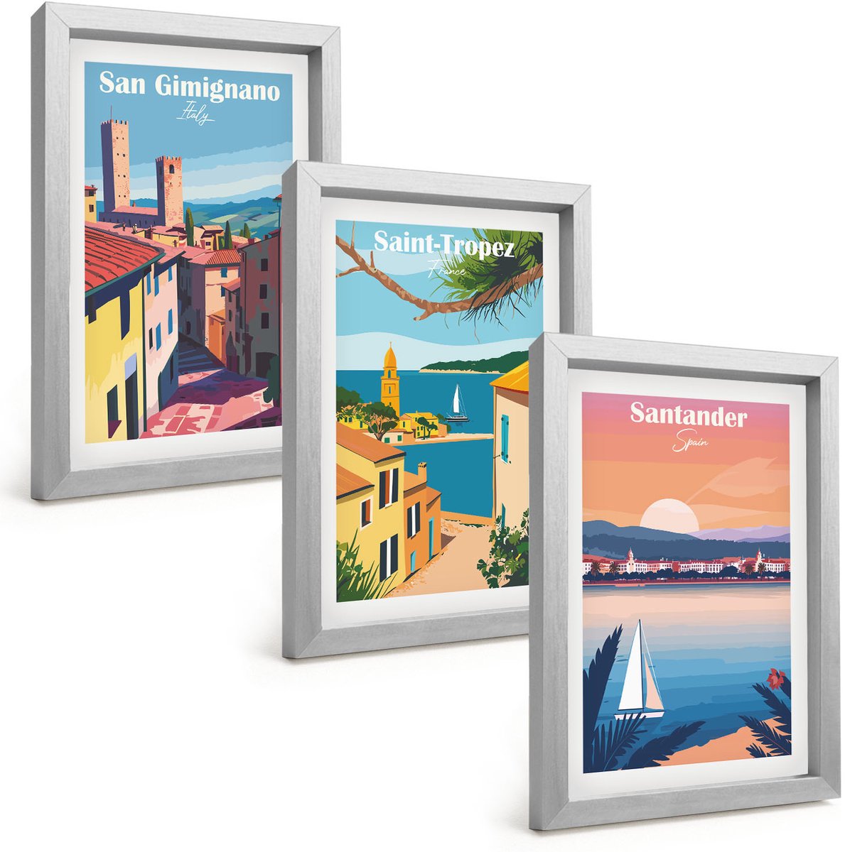Tulup 4-Delige Schilderij Set - Italiaanse stadjes en retro kustlandschappen - 20 x 30 cm - Decoratieve Schilderijen - Woonkamer - Interieur - Interieur Decoratie