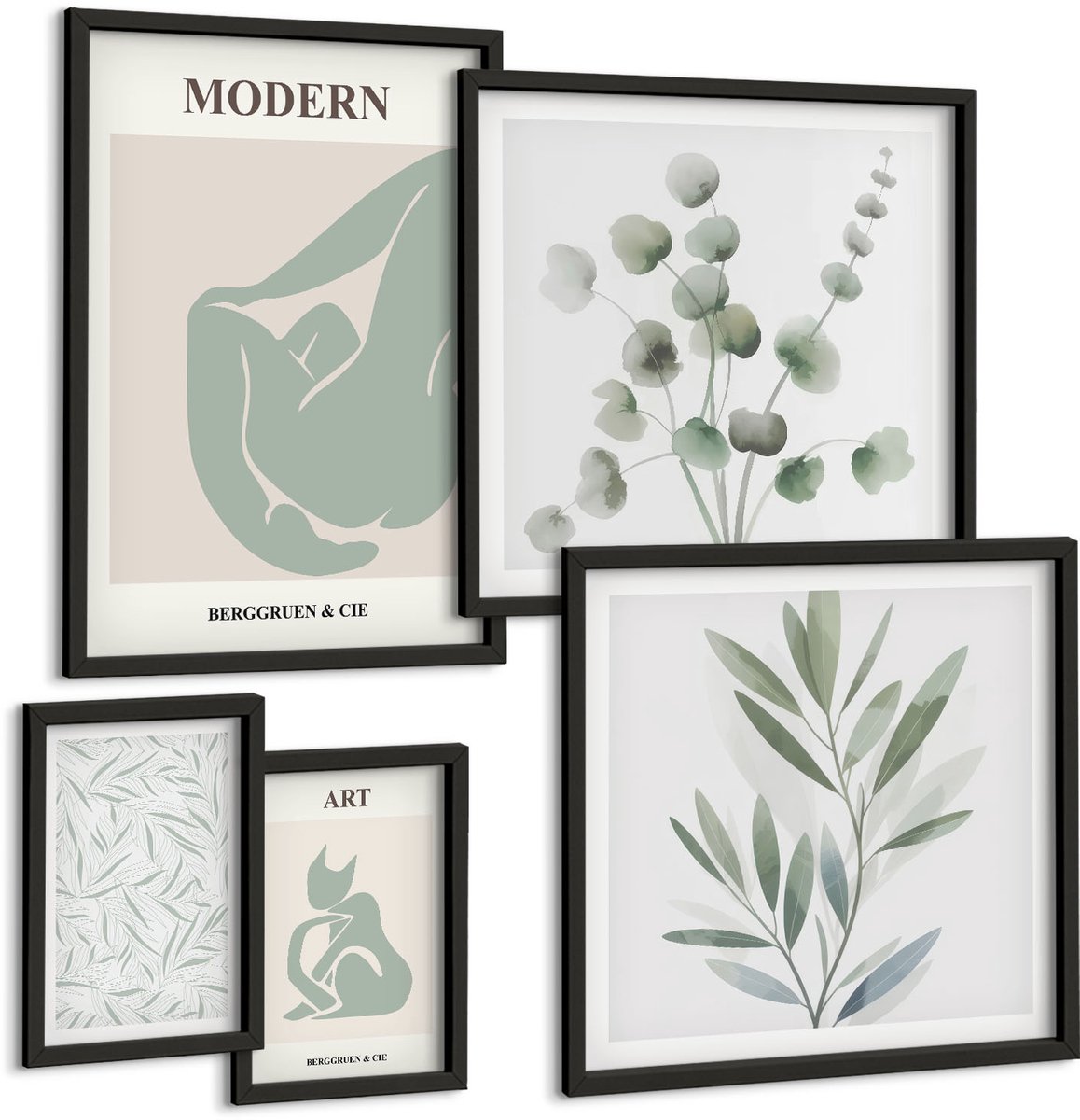 Tulup 4-Delige Schilderij Set - Stijlvolle afbeeldingen met plantmotieven en abstracte vormen. - 50 x 50 cm, 20 x 30 cm en 40 x 60 cm - Muurdecoratie - Wanddecoratie - Slaapkamer - Woonkamer Decoratie