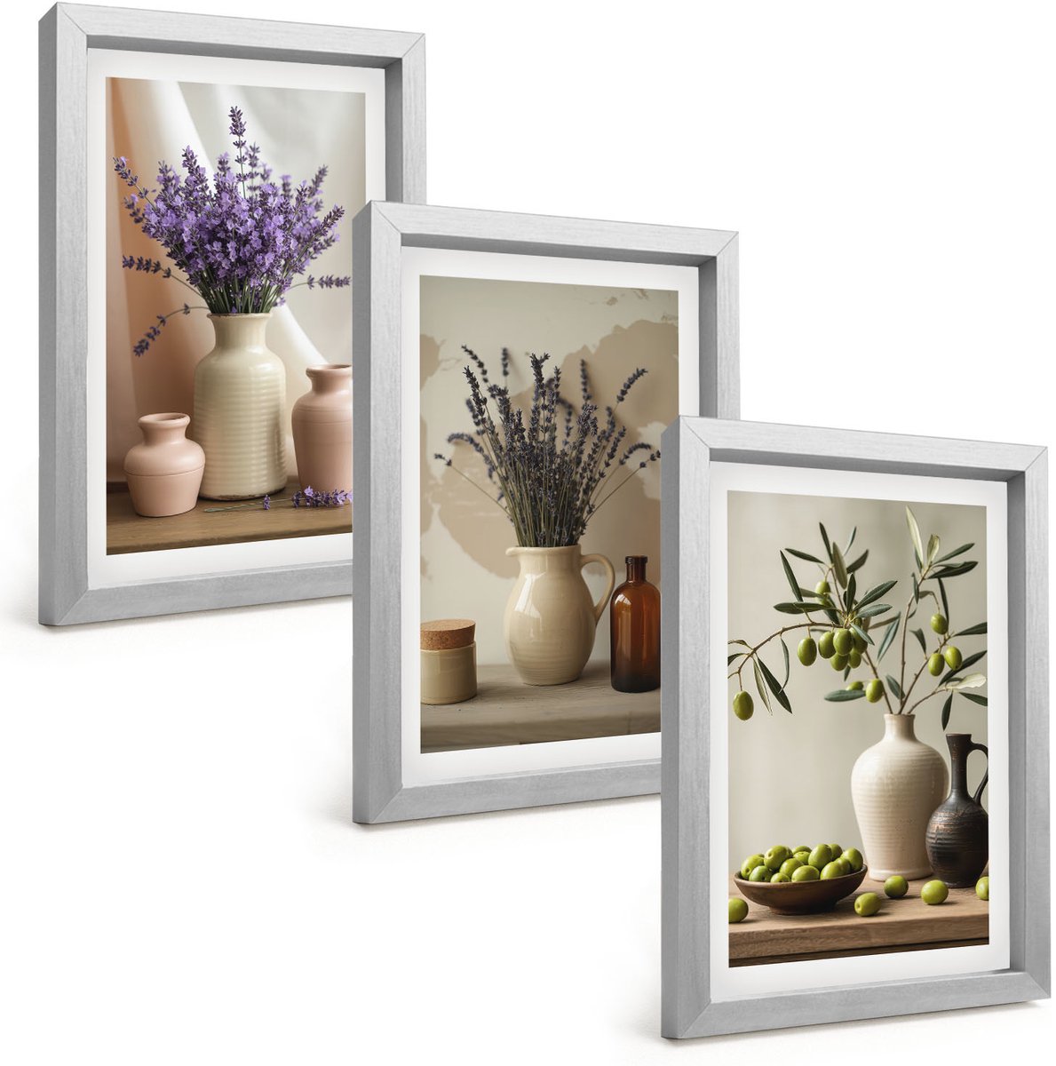 Tulup 4-Delige Schilderij Set - Lavendelbloemen, olijven en keramische vazen - 20 x 30 cm - Wanddecoratie - Schilderijen Set - Interieur - Moderne Wanddecoratie
