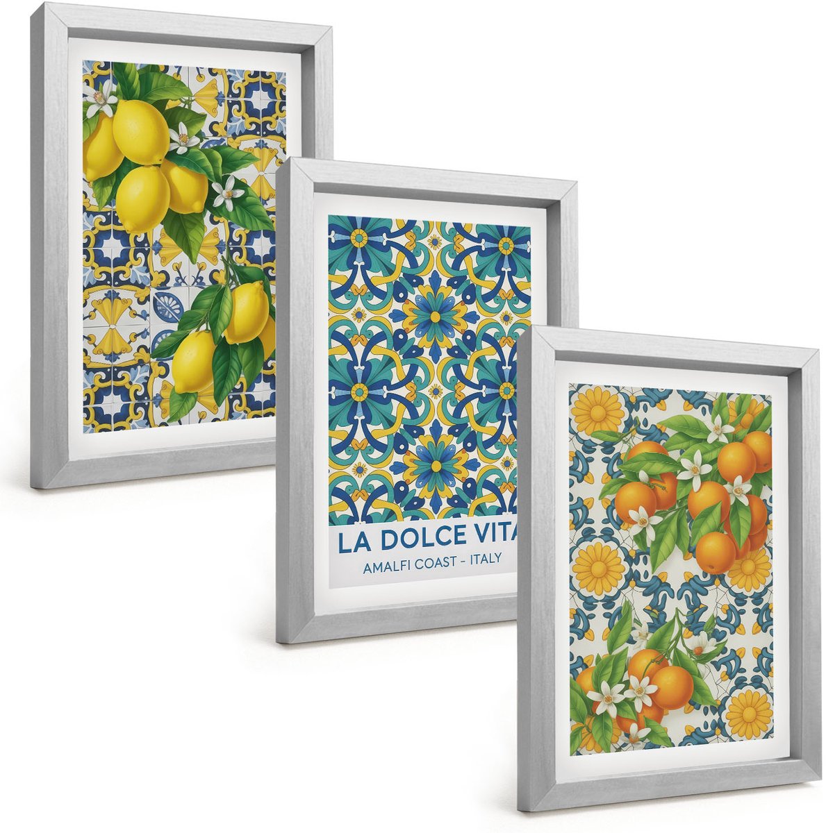 Tulup 4-Delige Schilderij Set - Citroenen, bloemen en sinaasappels in Italiaanse stijl - 20 x 30 cm - Wanddecoratie - Muurdecoratie - Moderne Interieurdecoratie - Decoratieve Schilderijen