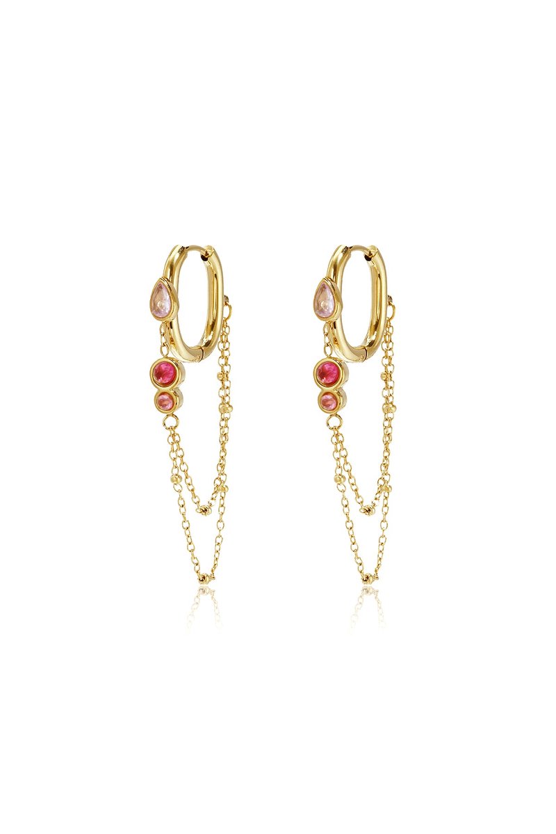 Dara - Oorbellen met Ketting - Zirkonium - Stainless Steel - - Rood/Zwart