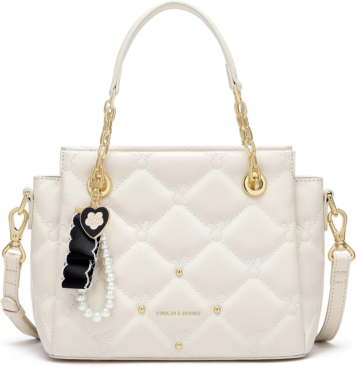 Cnoles Elegant Women's Quilted Handbag, Faux Leather with Gold Chain, Pearl Pendant and Shoulder Strap Designer - ShopVlot