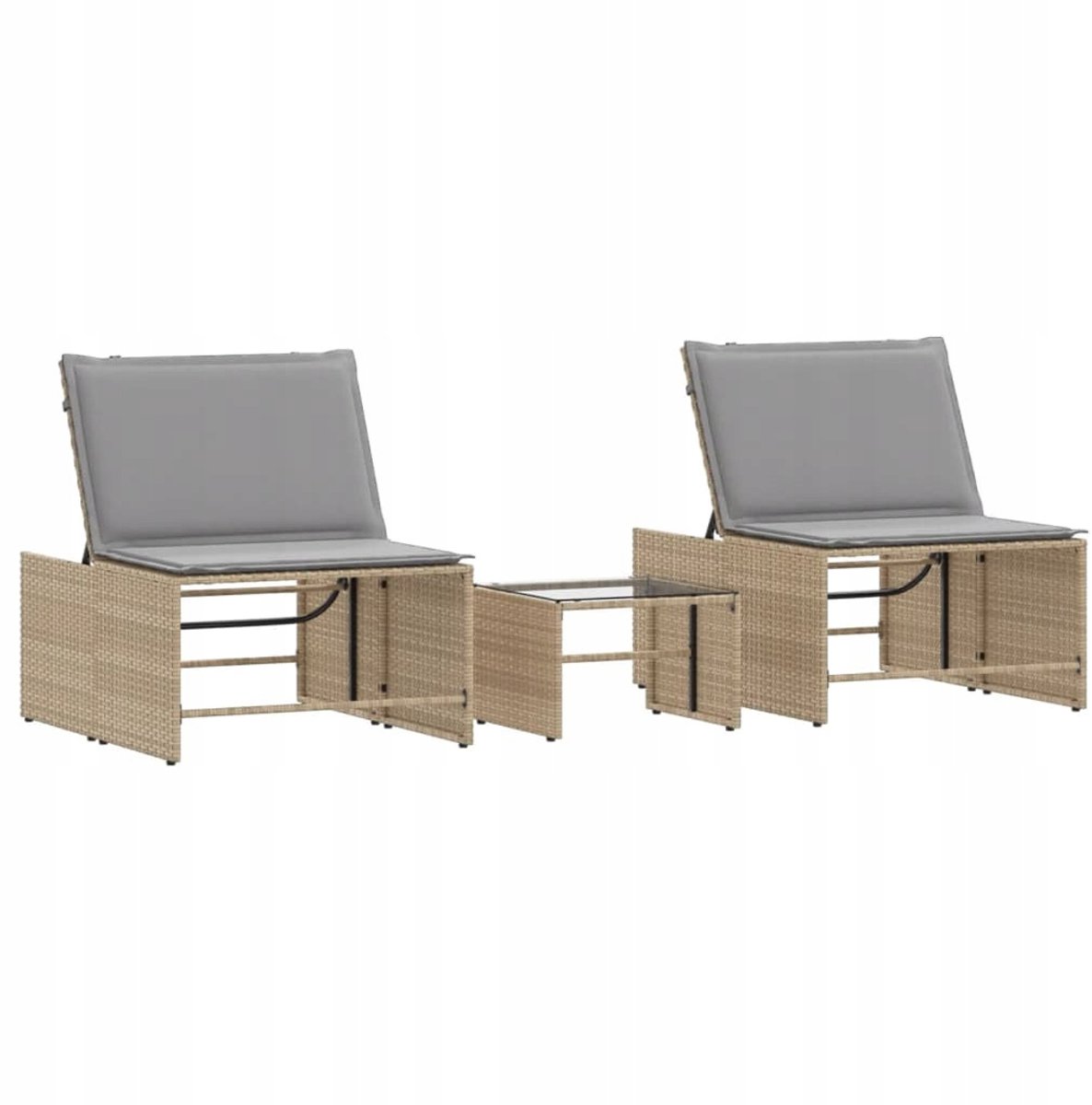 2x Loungestoel met bijzettafel, verstelbaar, polyrattan, beige
