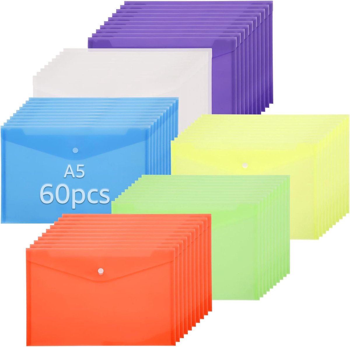 Pack of 60 A5 Document Folders with Push Button, A5 Document Compartment, 6 Colours Visible Compartment, A5 Document - ShopVlot