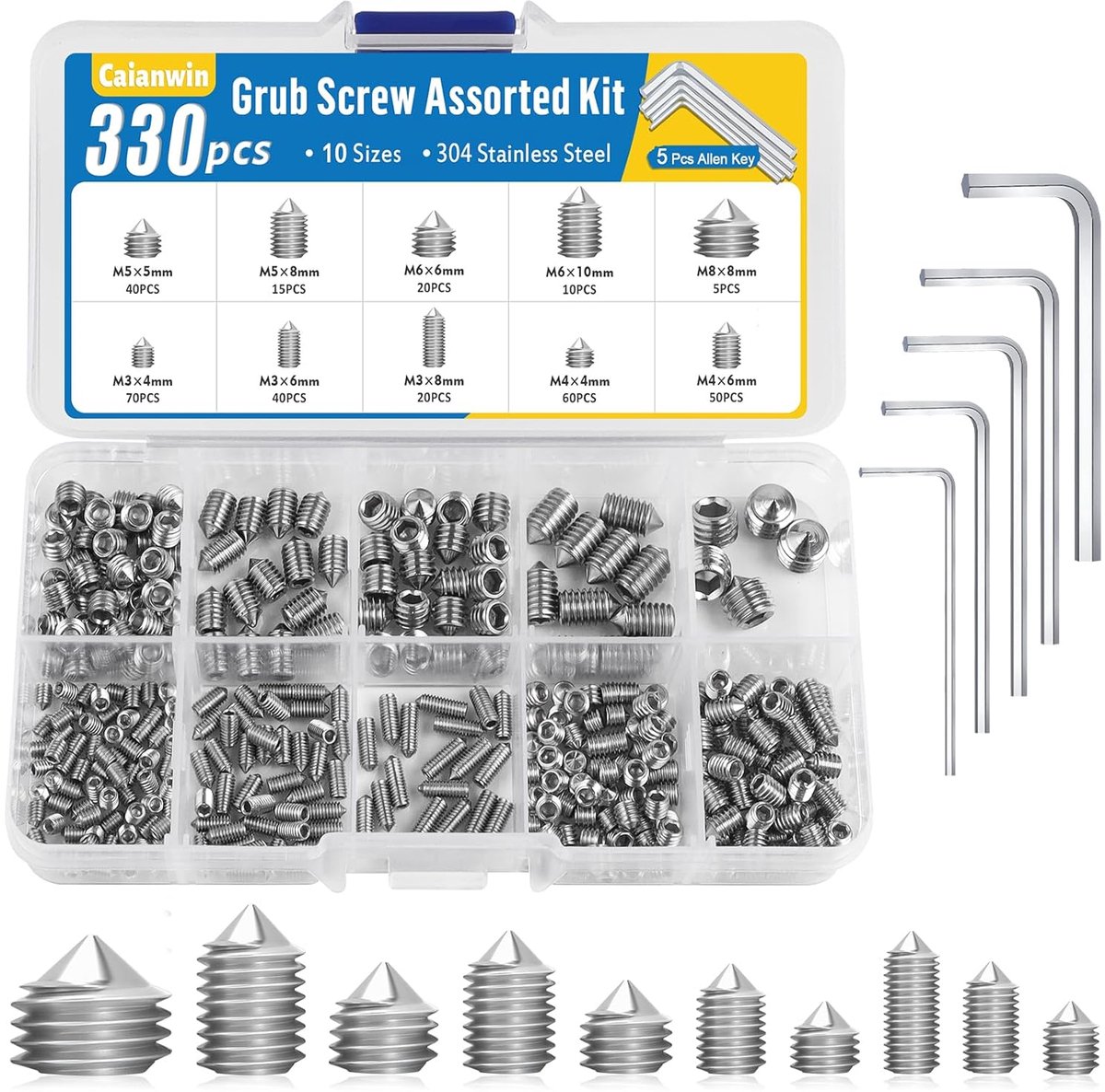 Caianwin 330 Pcs Cone Point Adjuster Screws Set M3 M4 M5 M6 M8 Stainless Steel Screws Socket Hexagon Threaded Pins - ShopVlot
