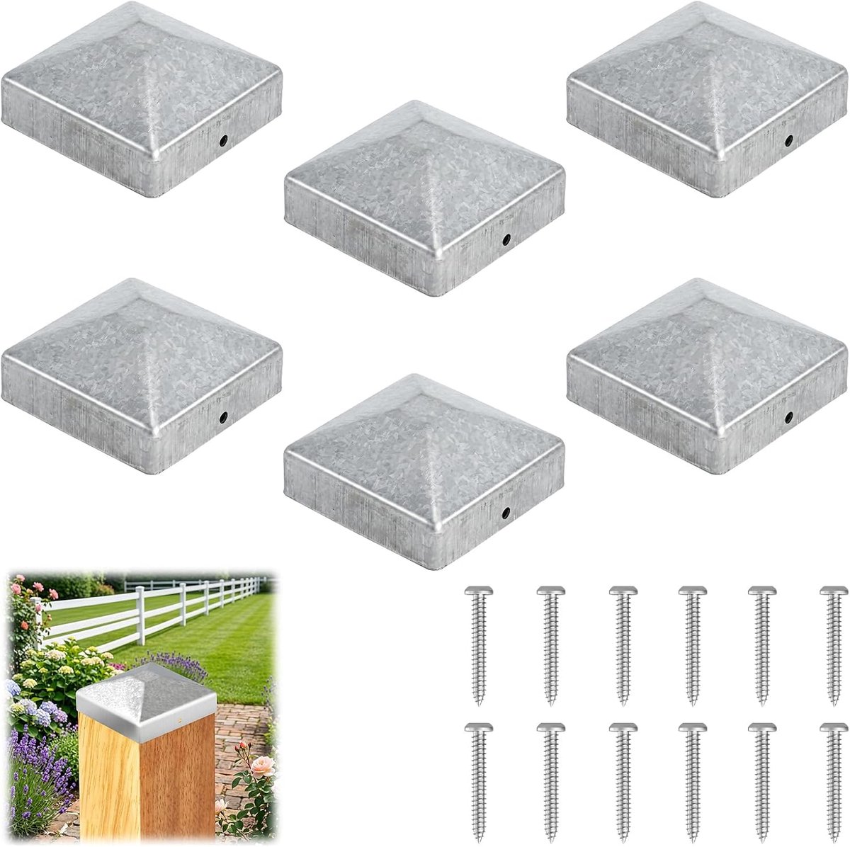 Paalkap, 7 x 7 cm, hekpaalkap, metalen paalafdekking, houten palen, hekkappen, weerbestendig, roestvrij, duurzaam, met - ShopVlot
