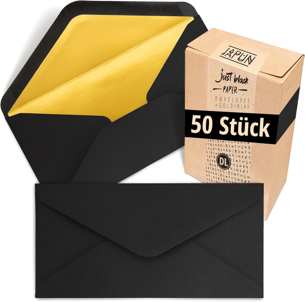 Japun - 50 envelopes DL size, 220 x 110 mm, inside gold, outside black - ShopVlot