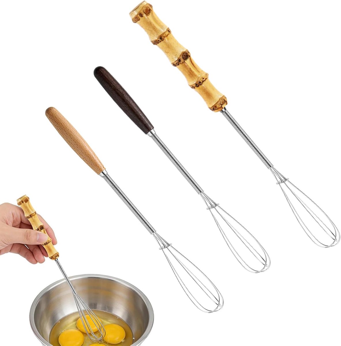 3 pieces whisk small 20cm, manual whisk stainless steel with wooden handle for cups, mixing, cooking, stirring - ShopVlot