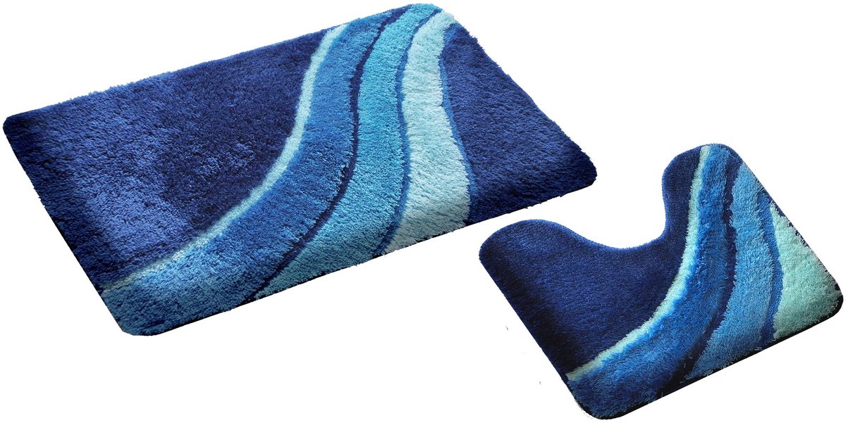 Famanu – Badmatset in blauw, 2-delig met uitsparing, antislip, WC-mat 50 x 45 cm en badmat 50 x 90 cm, perfect voor de badkamer