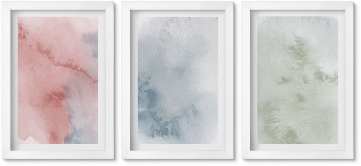Wallfluent 3-Delige Schilderij Set - Pastelkleurige Structuren, Kleurrijke Aquarelverf Op Canvas - 20 x 30 - Wanddecoratie - Woonkamer Decoratie - Moderne Wanddecoratie