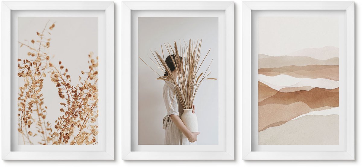 Wallfluent 3-Delige Schilderij Set - Abstracte Plantmotieven In Rustieke Boho-Stijl - 20 x 30 - Wanddecoratie - Schilderijen Set - Kantoor - Woonkamer Decoratie