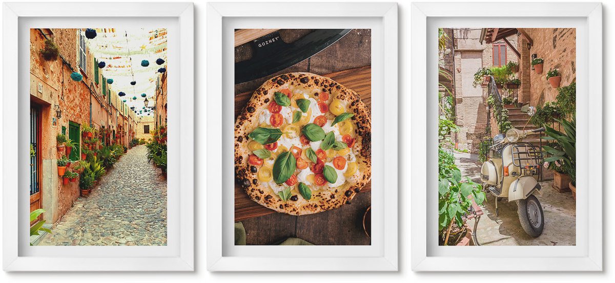 Wallfluent 3-Delige Schilderij Set - Sfeervolle Straatjes Met Planten En Italiaanse Pizza. - 20 x 30 - Stijlvolle Wanddecoratie - Interieur