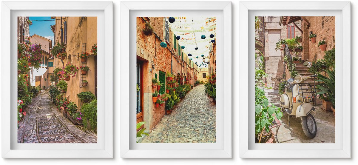 Wallfluent 3-Delige Schilderij Set - Sfeervolle Straatjes Met Bloemen In Een Italiaanse Ambiance. - 20 x 30 - Wanddecoratie - Muurdecoratie - Woonkamer - Woonkamer Decoratie