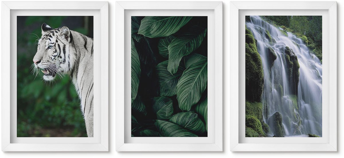 Wallfluent 3-Delige Schilderij Set - Tijgerwitte Bladeren En Een Waterval In Een Natuurlijke Omgeving - 20 x 30 - Decoratieve Schilderijen - Woonkamer - Interieur - Moderne Wanddecoratie