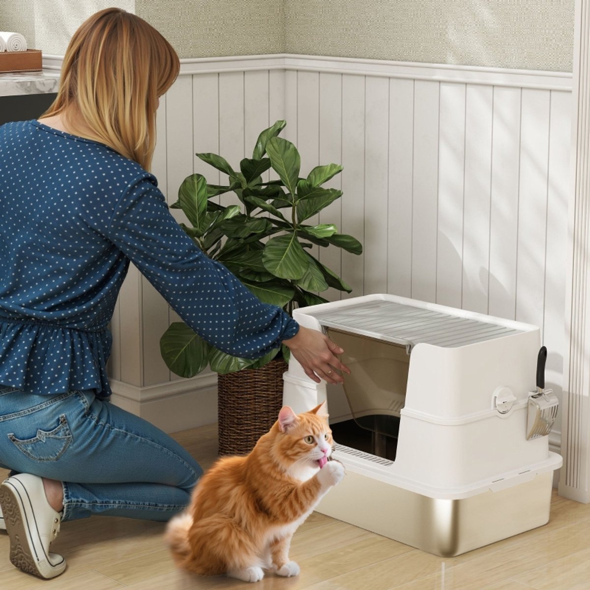 REDOM - Kattenbak - XL binnenruimte - Dubbele ingang voor- en boveninvoer - Geurcontrole - Gesloten stijl - Voor katten tot 15 kg - RVS - Grijs - 60,2 x 40,2 x 44,5 cm