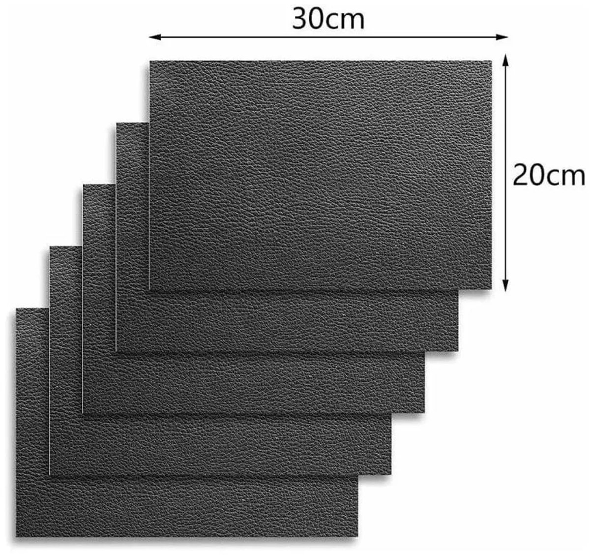 Vijf zelfklevende reparatiepatches Geschikt voor leer, gemaakt van duurzaam synthetisch leer, Geschikt voor autostoelen en banken (20 x 30 cm, zwart).