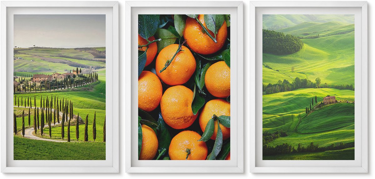 Wallfluent 3-Delige Schilderij Set - Italiaans Plattelandslandschap Met Sinaasappelbomen En Natuur - 40 x 60 - Decoratieve Schilderijen - Woonkamer - Interieur - Stijlvolle Muurdecoratie