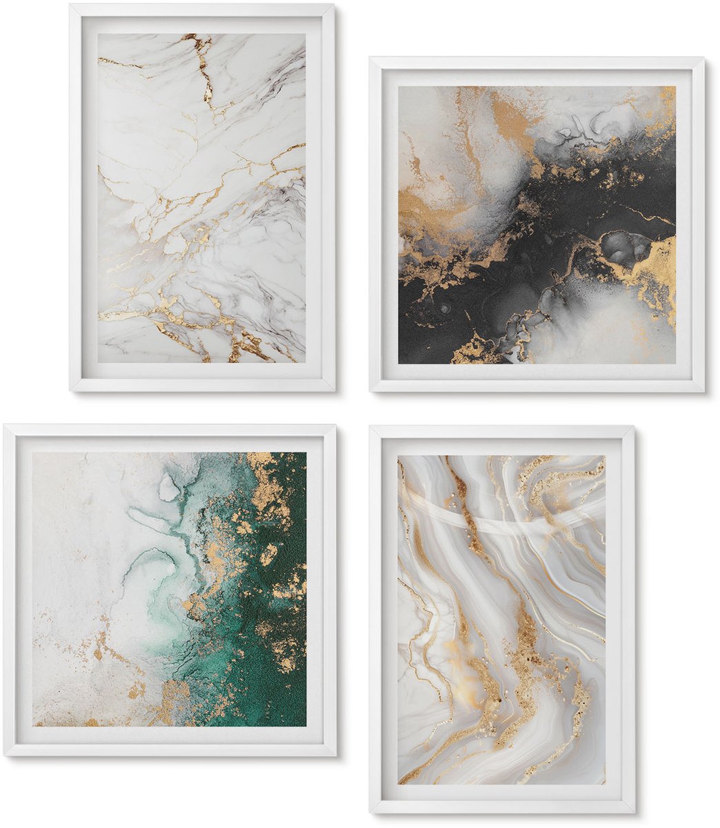 Wallfluent 4-Delige Schilderij Set - Abstracte Patronen In Tinten Wit, Zwart En Groen. - 40 x 40 En 40 x 60 - Muurdecoratie - Wanddecoratie - Hal - Decoratieve Schilderijen