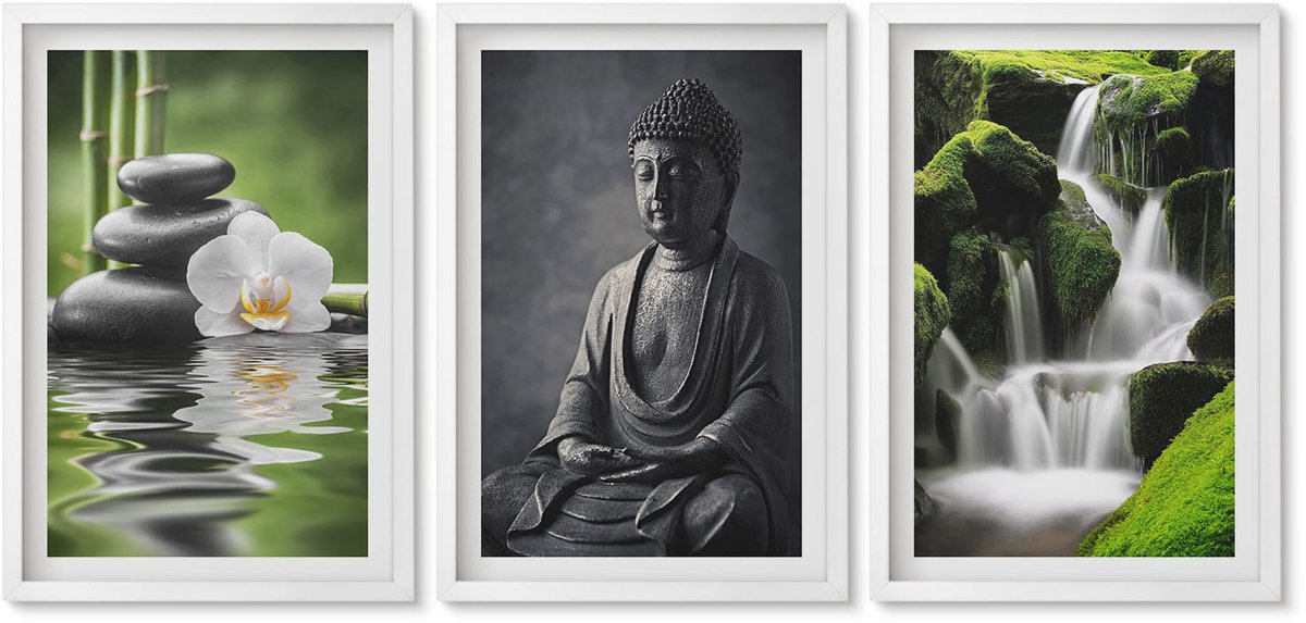 Wallfluent 3-Delige Schilderij Set - Rustgevende Zen-Afbeeldingen Met Water, Stenen En Boeddha - 40 x 60 - Wanddecoratie - Schilderijen Set - Interieur