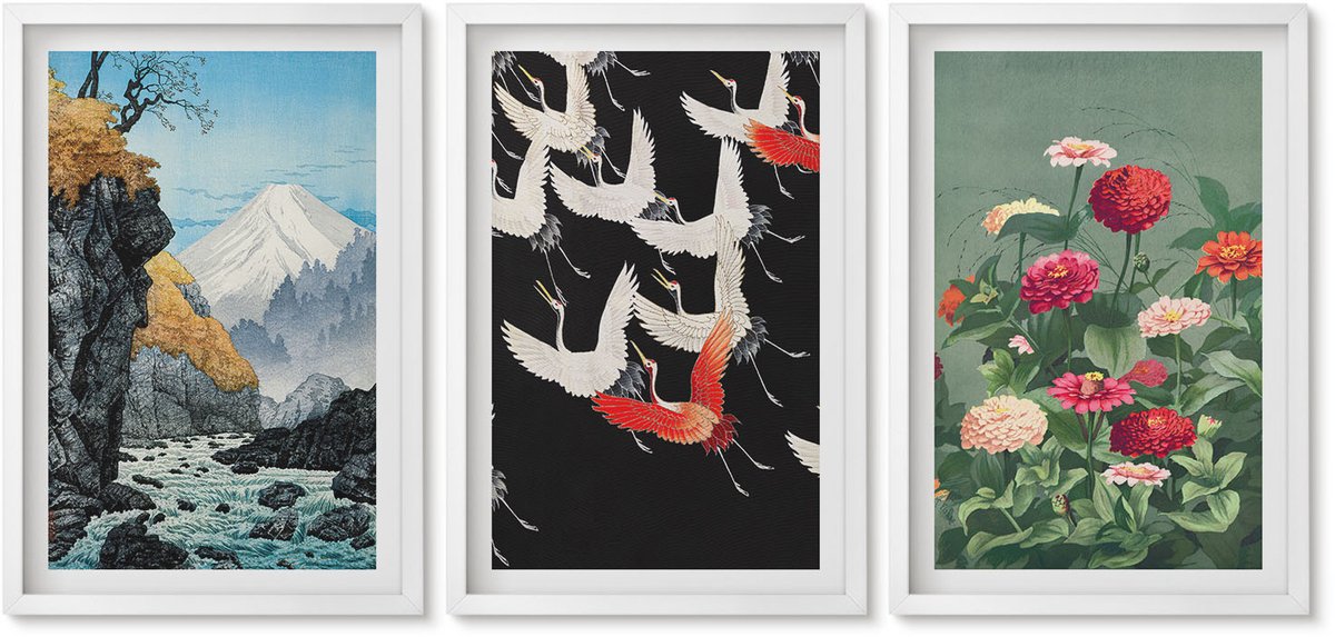 Wallfluent 3-Delige Schilderij Set - Bergen Met Een Waterval, Vogels In Vlucht En Kleurrijke Bloemen - 40 x 60 - Muurdecoratie - Interieur Decoratie - Moderne Wanddecoratie