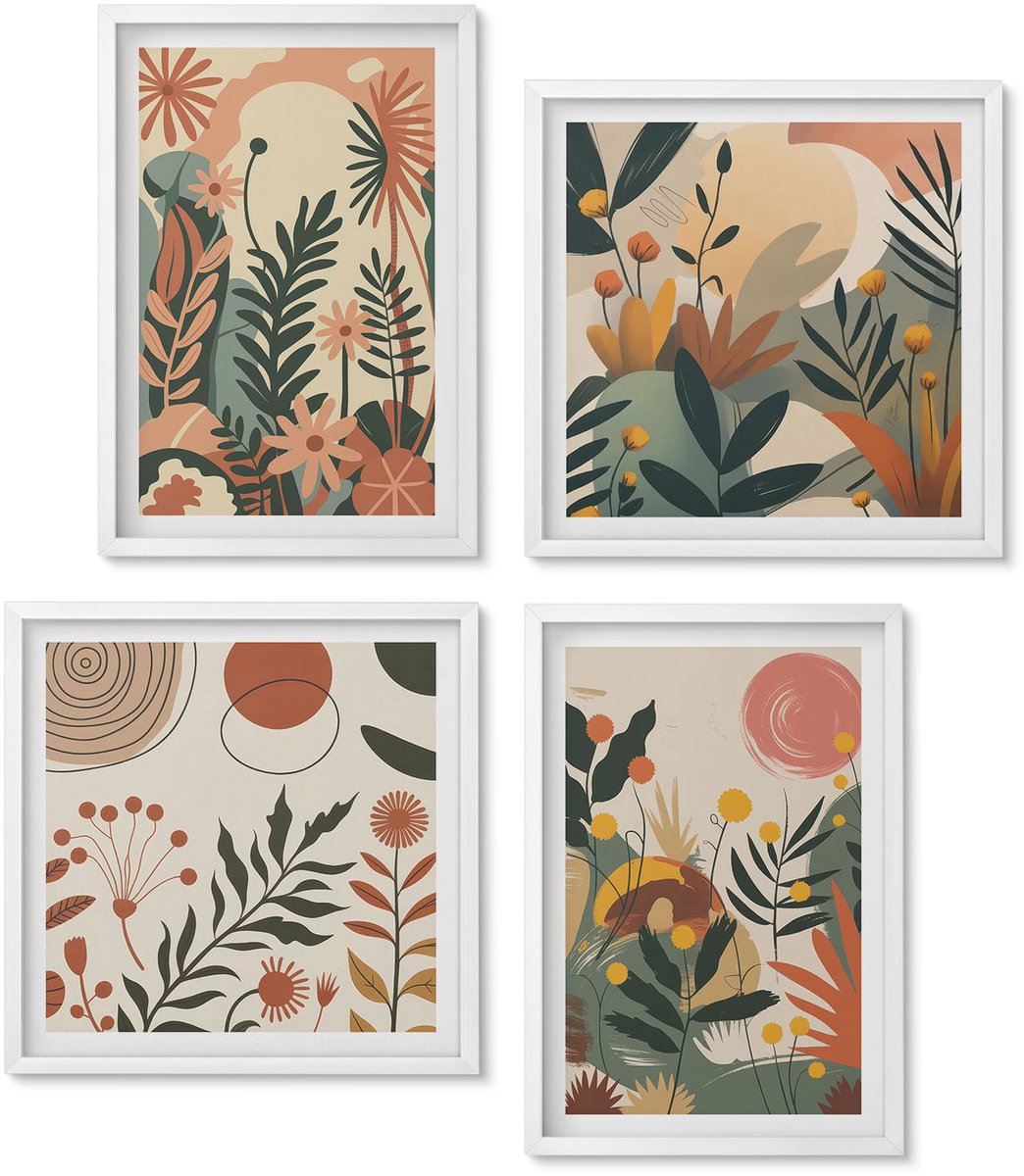 Wallfluent 4-Delige Schilderij Set - Vintage Bloemenpatronen In Pasteltinten - 40 x 40 En 40 x 60 - Muurdecoratie - Wanddecoratie - Slaapkamer