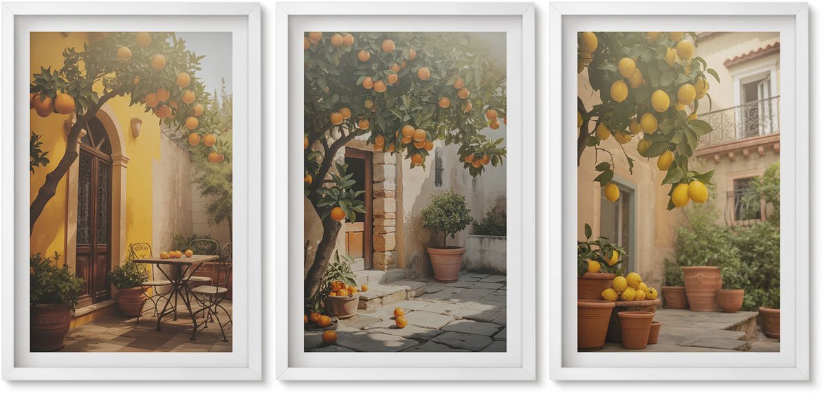 Wallfluent 3-Delige Schilderij Set - Zonnig Terras Met Citrusbomen En Potten. - 40 x 60 - Muurdecoratie - Interieur Decoratie