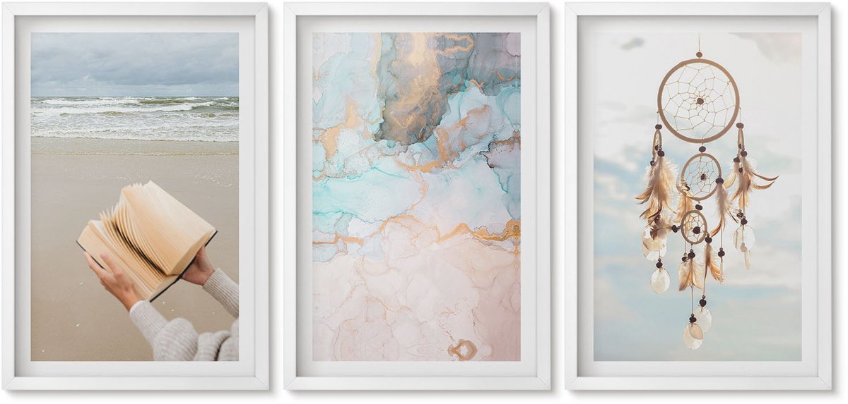 Wallfluent 3-Delige Schilderij Set - Abstracte Zee, Leesboek En Boho Dromenvanger - 40 x 60 - Muurdecoratie - Decoratieve Schilderijen - Wohnzimmer - Wanddecoratie