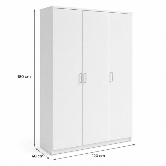 Witte driedeurs kast met afmetingen 180x120x40 cm.