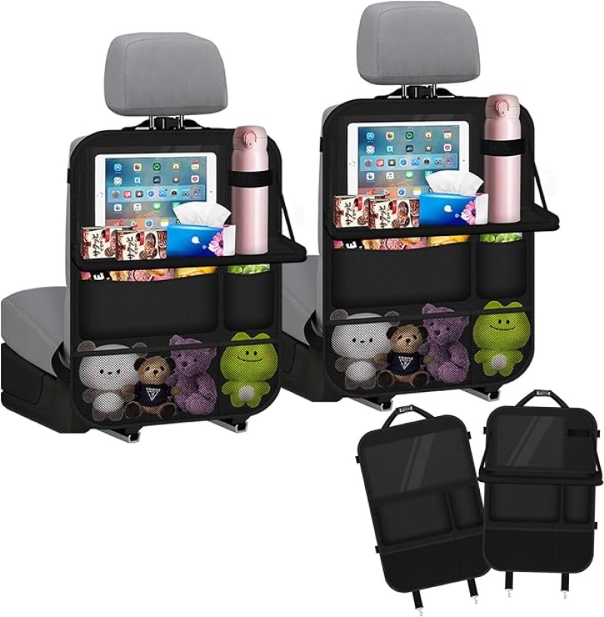 Huis Geluk Auto-Organizer voor Kinderen - 2 Stuks, Neerklapbare Tafel, Waterdicht Rugleuningbeschermer met Tablet- en Telefoonhouder, Zwart