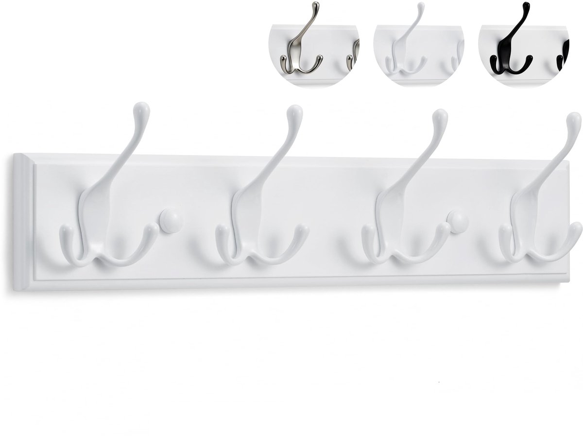 Famanu Wandkapstok in wit met 4 haken, 42 cm breed, ideaal voor jassen en accessoires