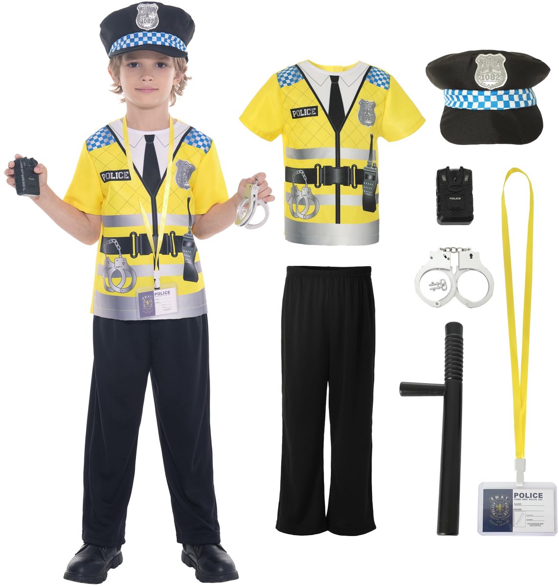 Wizland Kids 8pcs Politie Kostuum voor Jongens, Gele Politie Uniform Outfit Set voor Halloween Fancy Dress Up, 6-8 jaar - ShopVlot