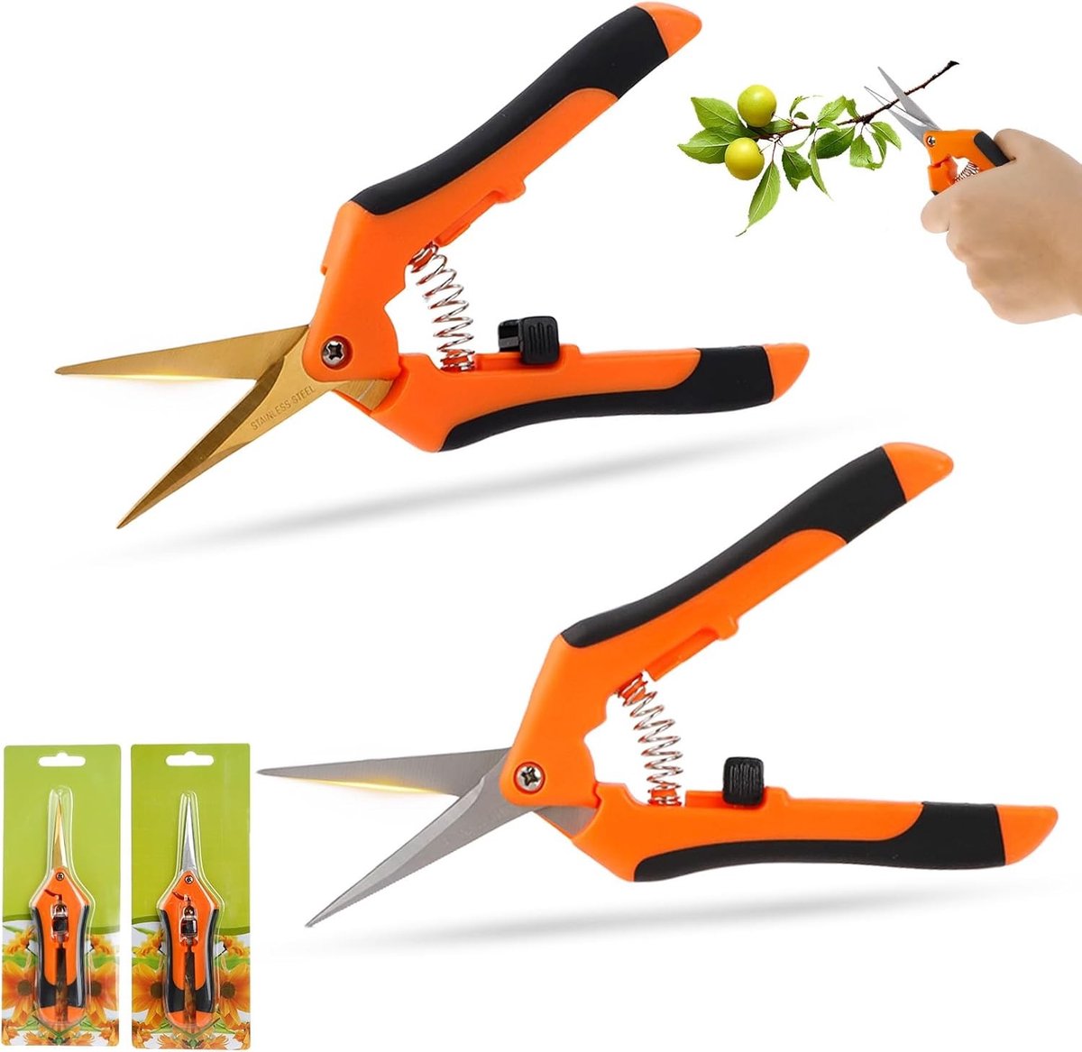 Knipschaar tuin - Oranje - 2-delige set recht en gebogen lemmet - Roestvrij staal met titanium coating - Voor nauwkeurig snoeien