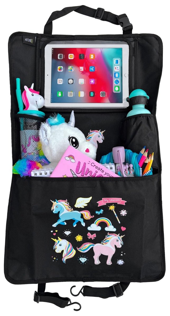 Famanu – Kinder autostoel rugleuningbeschermer met verstelbare tablethouder en opbergruimte voor accessoires, eenhoorn motief, universeel, 70x45 cm, inclusief bekerhouder